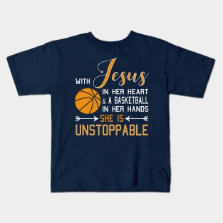 With Jesus In Her Heart & A Basketball Hands She Is design Kids T-Shirt